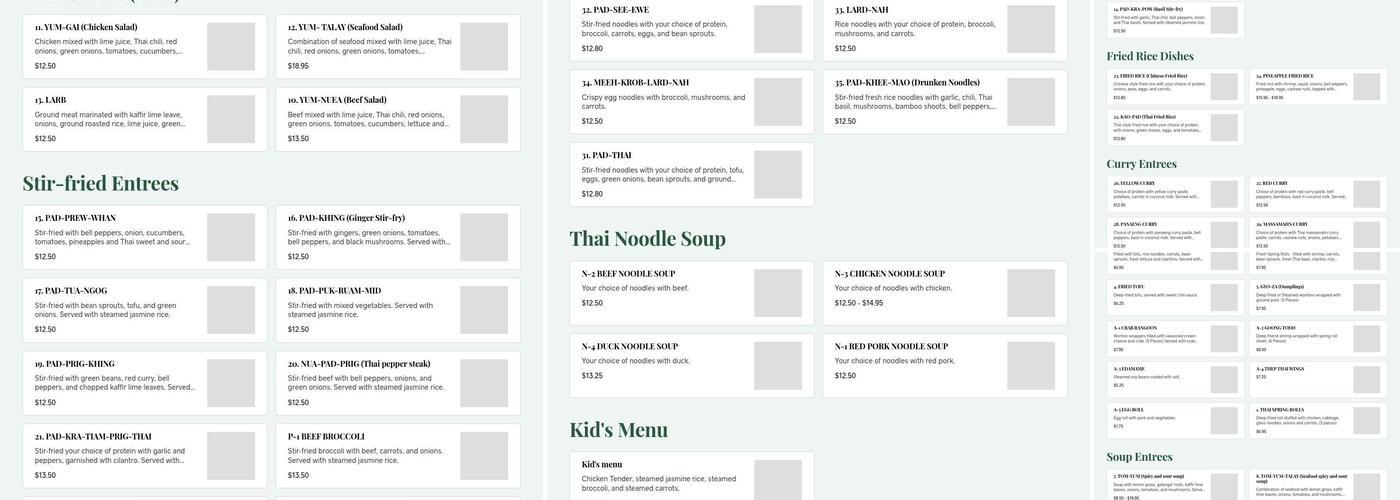 Thep Thai Restaurant Menu