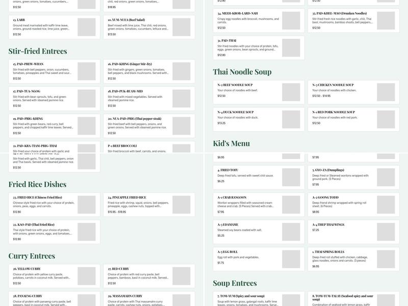 Thep Thai Restaurant Menu