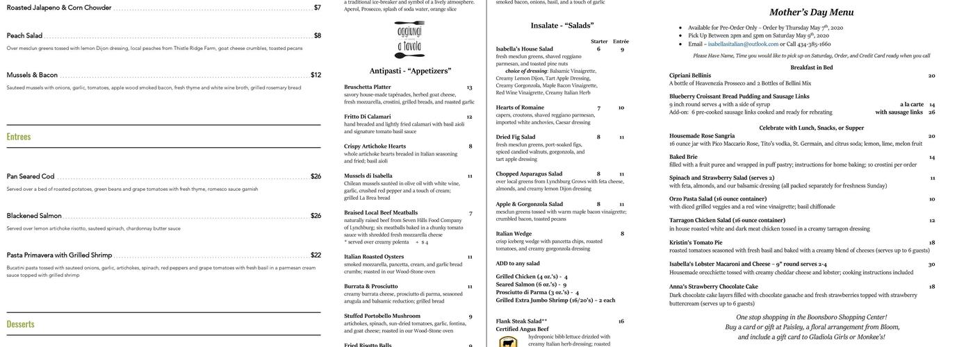 Isabella's Italian Trattoria Menu