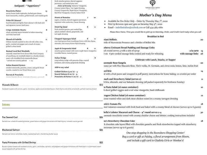 Isabella's Italian Trattoria Menu