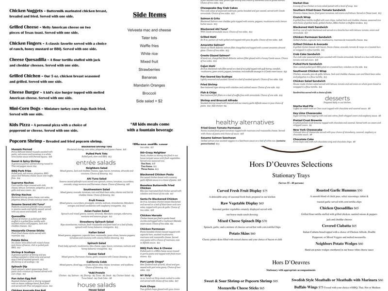 The Neighbors Place Menu