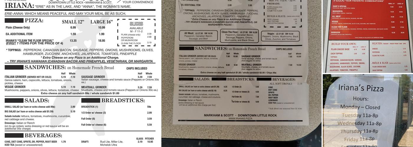 Iriana's Pizza Menu