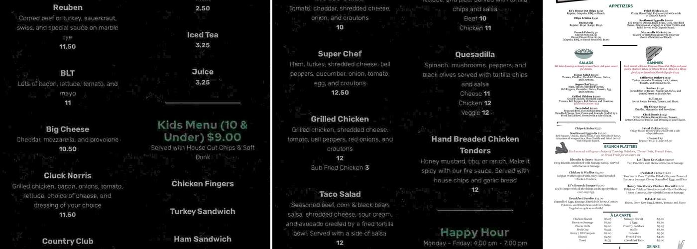 EJ's Eats and Drinks Menu