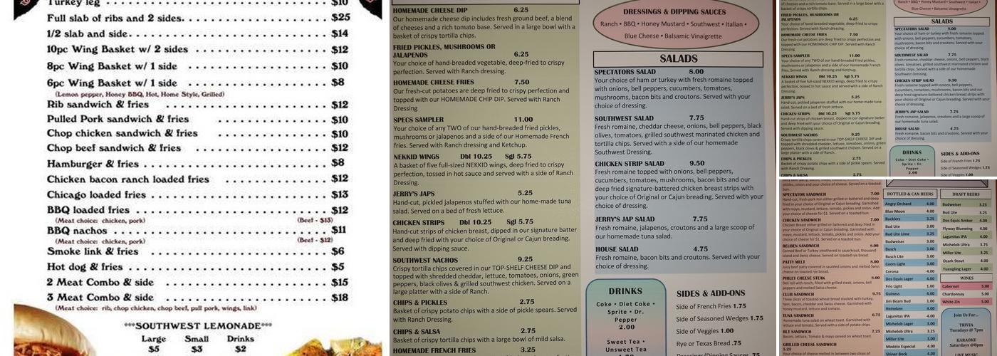 Spectators Grill & Pub Menu