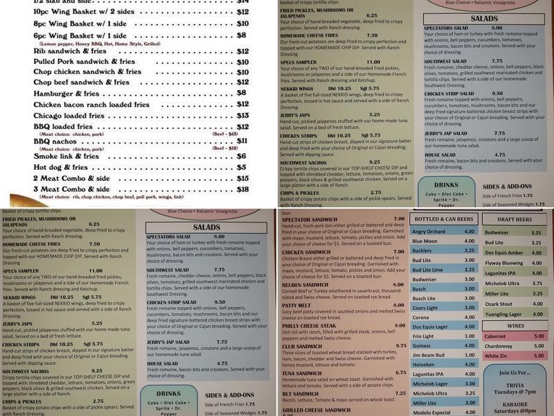 Spectators Grill & Pub Menu