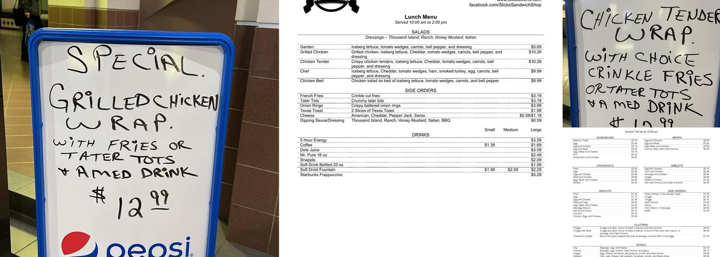 Slick's Sandwich Shop Menu