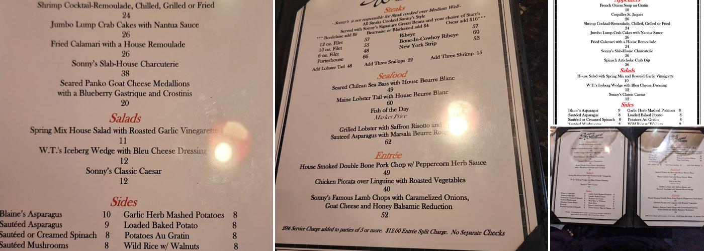 Sonny Williams' Steak Room Menu