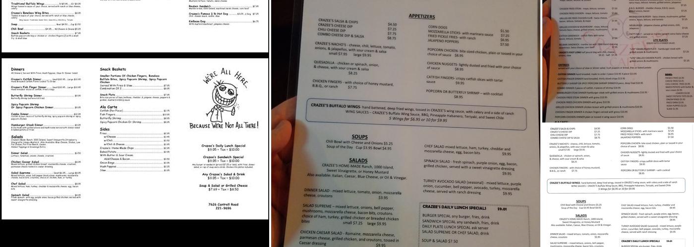 Crazee's Cafe Menu