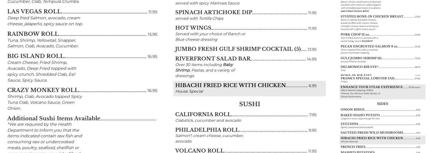 Riverfront Steakhouse Menu