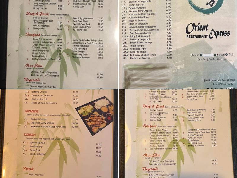 Orient Restaurant Express Menu