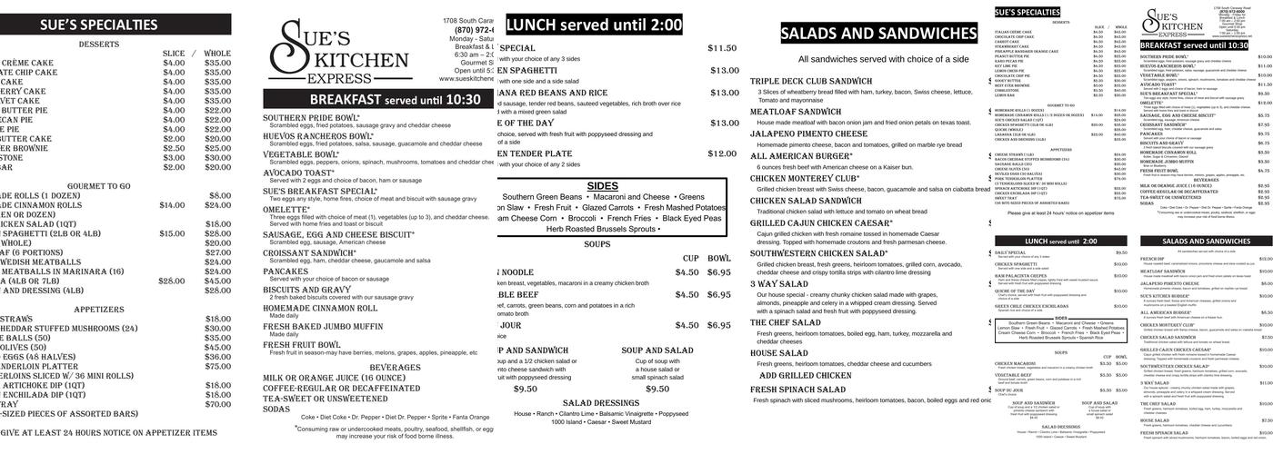 Sue's Kitchen Express Menu