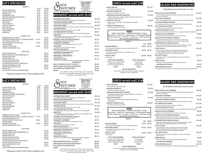 Sue's Kitchen Express Menu