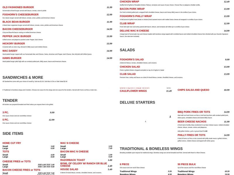 Foghorn's Springdale Menu