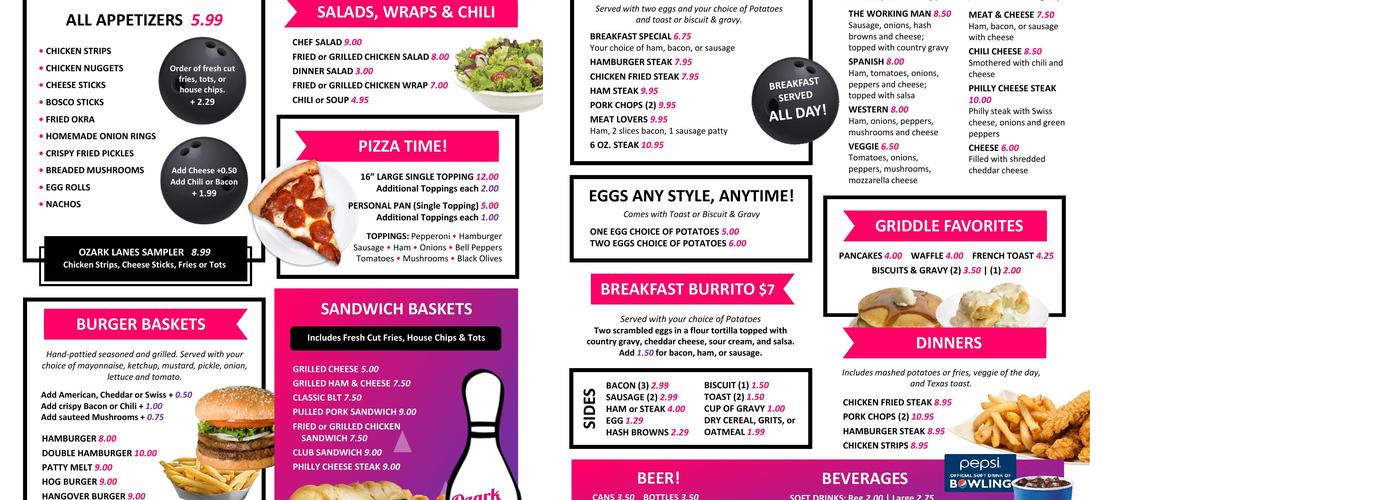 Ozark Lanes Cafe Menu