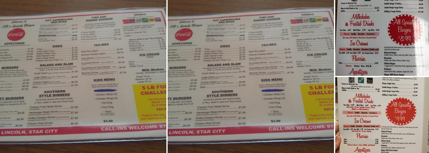 JB's Speedy Burger Menu