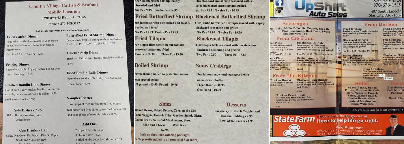 Country Village Catfish and Seafood Menu