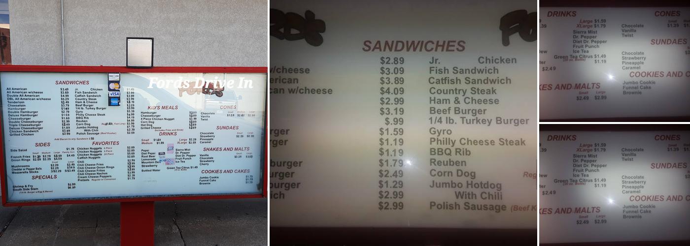Ford's Drive In Menu