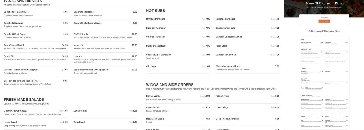 Colosseum Pizza Menu