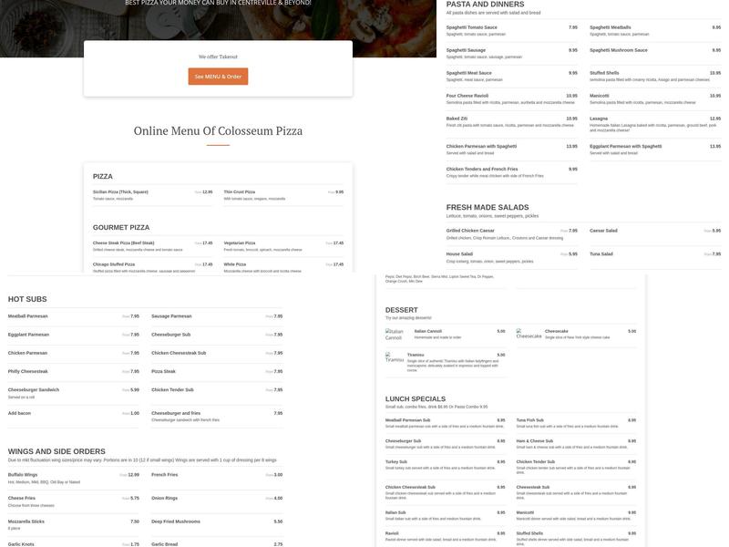 Colosseum Pizza Menu