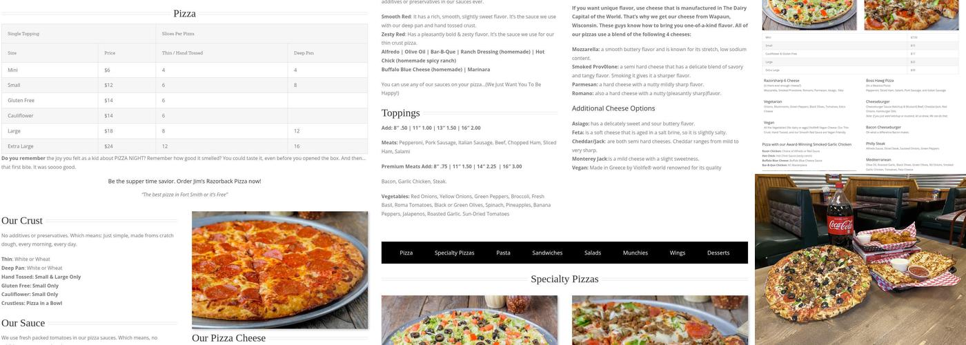 Jim's Razorback Pizza Menu