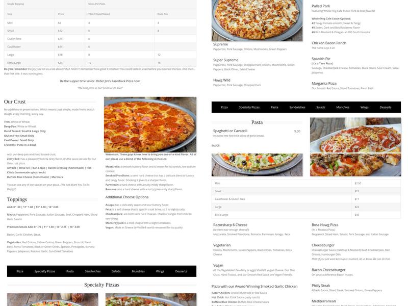 Jim's Razorback Pizza Menu