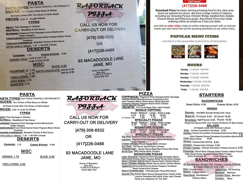 Jim's Razorback Pizza Menu
