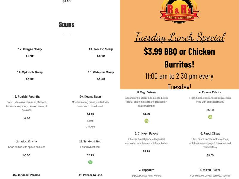 R & R's Curry Express Menu