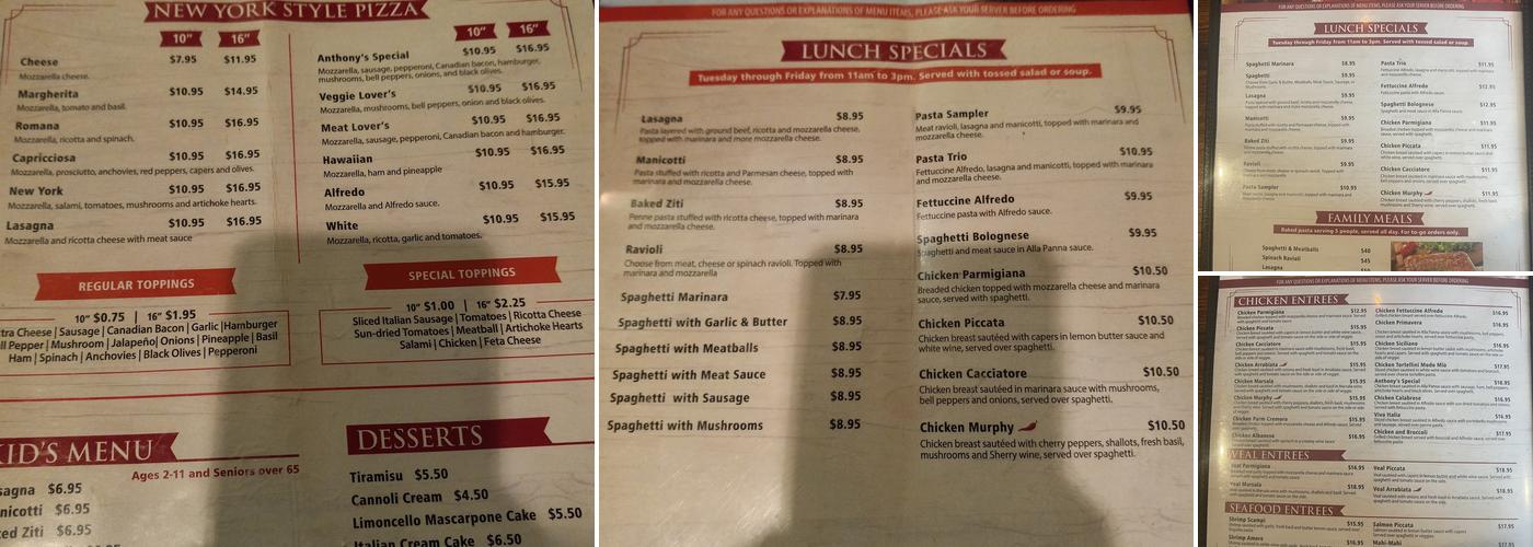 Anthony's Italian Restaurant Menu