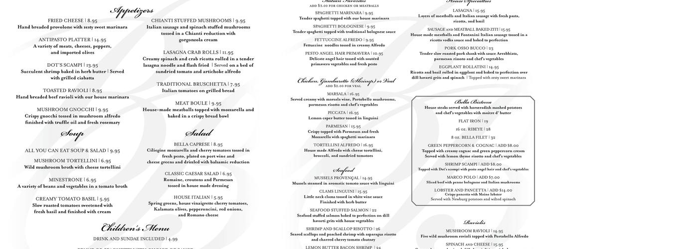 Bella Bacio Menu