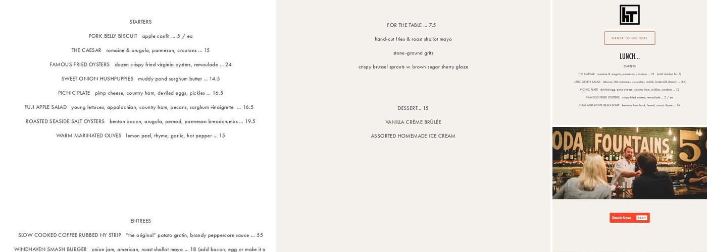 Harper's Table Menu