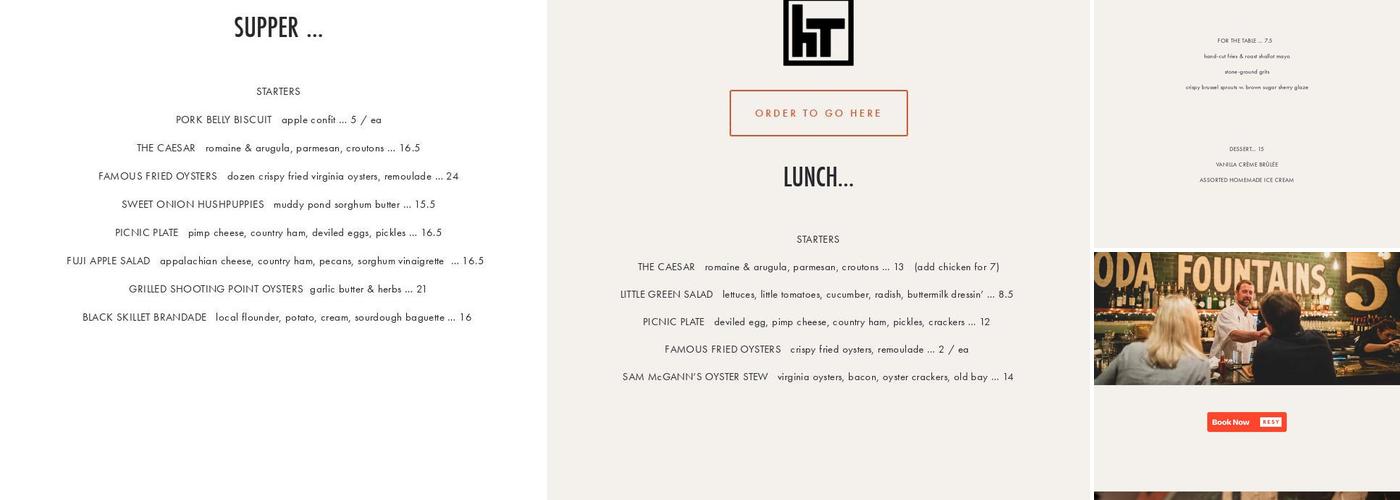 Harper's Table Menu