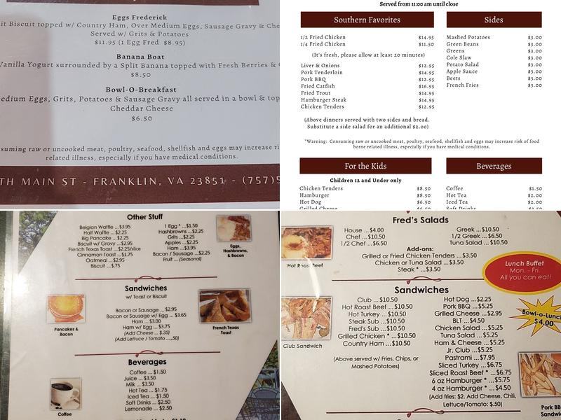 Fred's Restaurant Menu