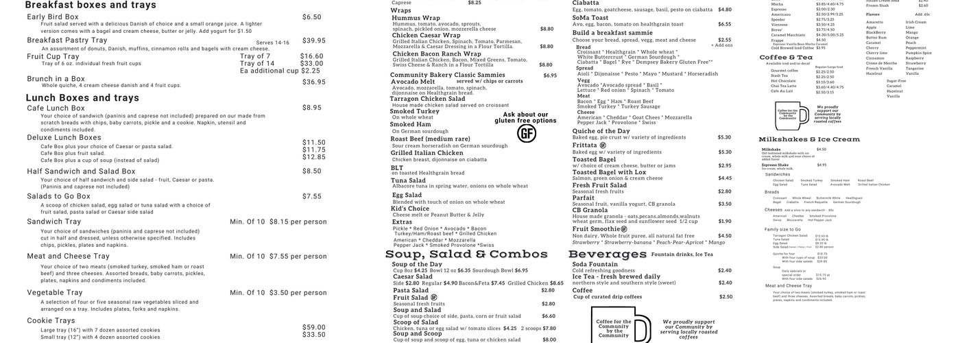 Community Bakery Menu
