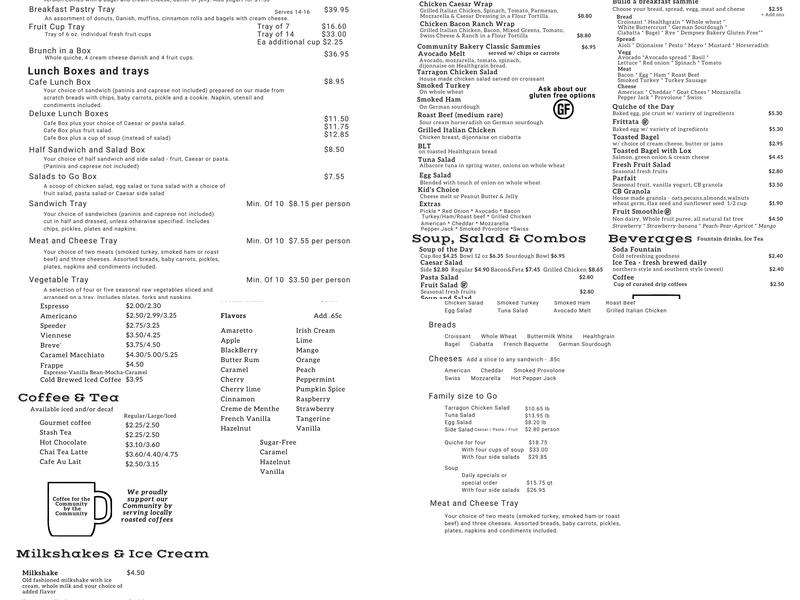 Community Bakery Menu