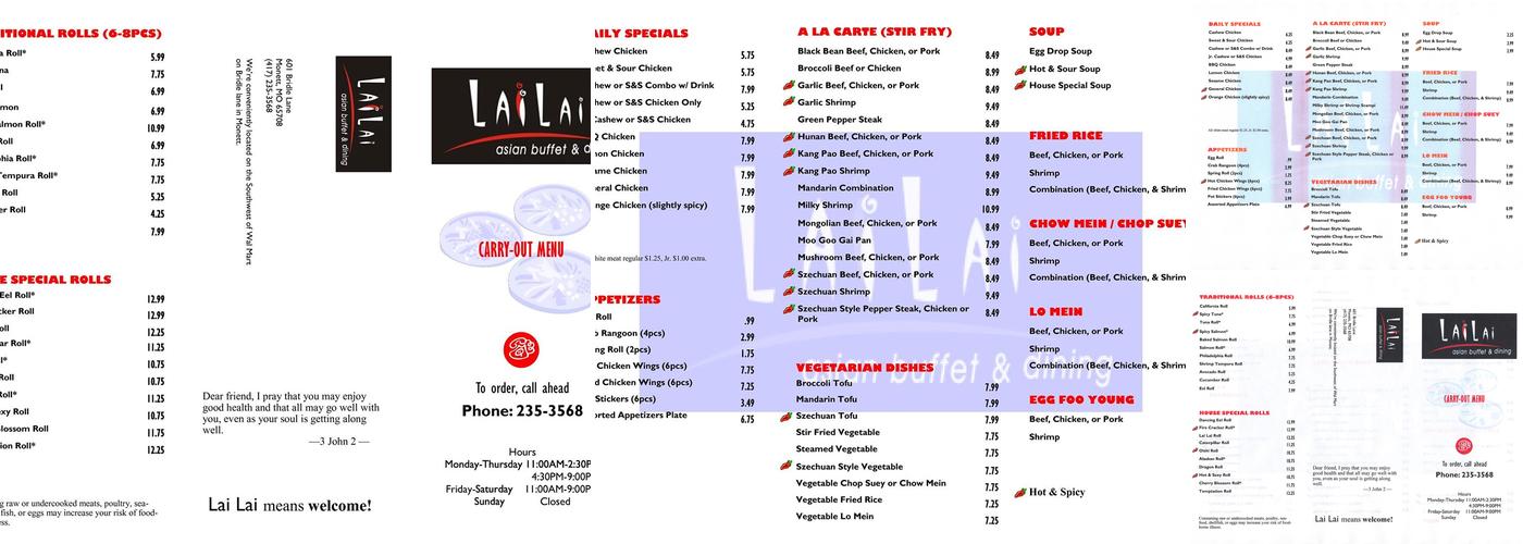 Lai Lai Asian Buffet and Dining Menu