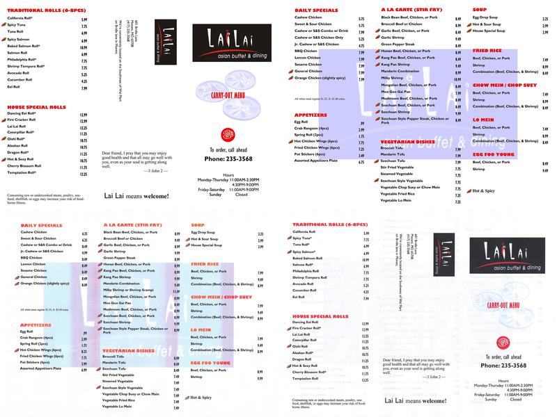 Lai Lai Asian Buffet and Dining Menu