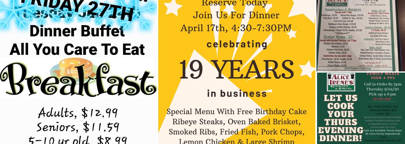 Alice Irene's Restaurant Menu