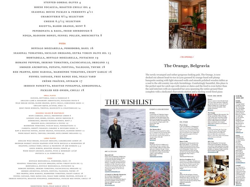 The Orange Pub & Rooms Belgravia Menu