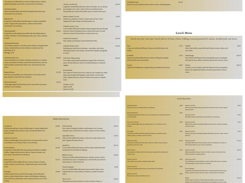 Matador Mexican Bar and Grill Menu