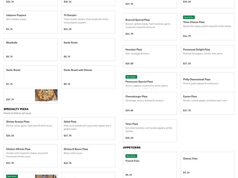 Paramount Pizza Menu