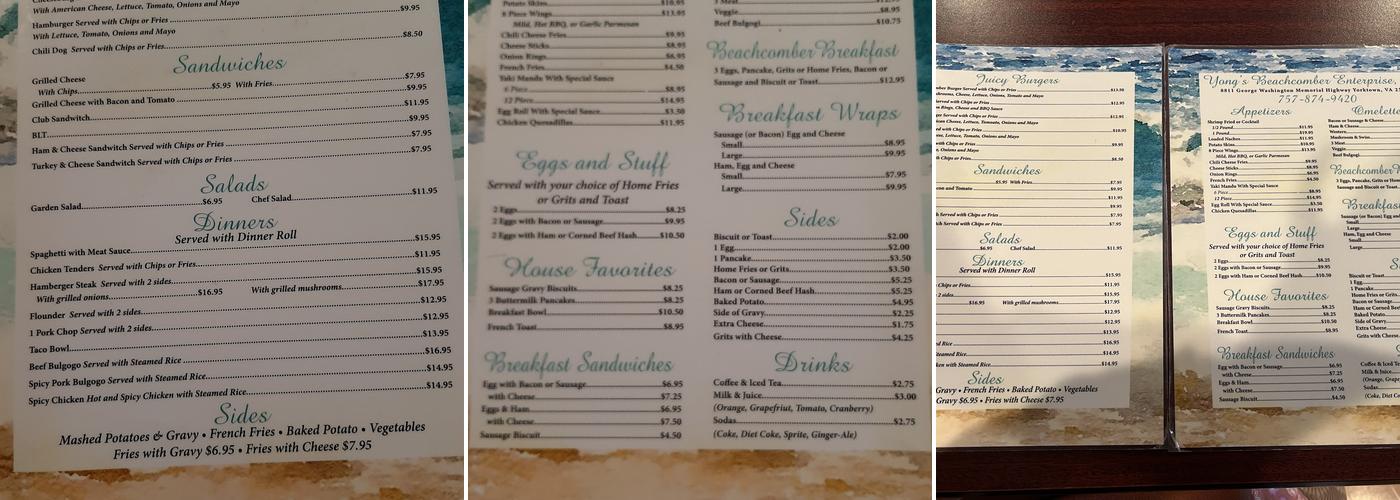 Beachcomber Restaurant Menu