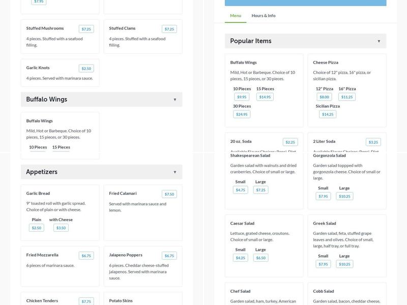 Jerry's Shakespeare Pizza Menu