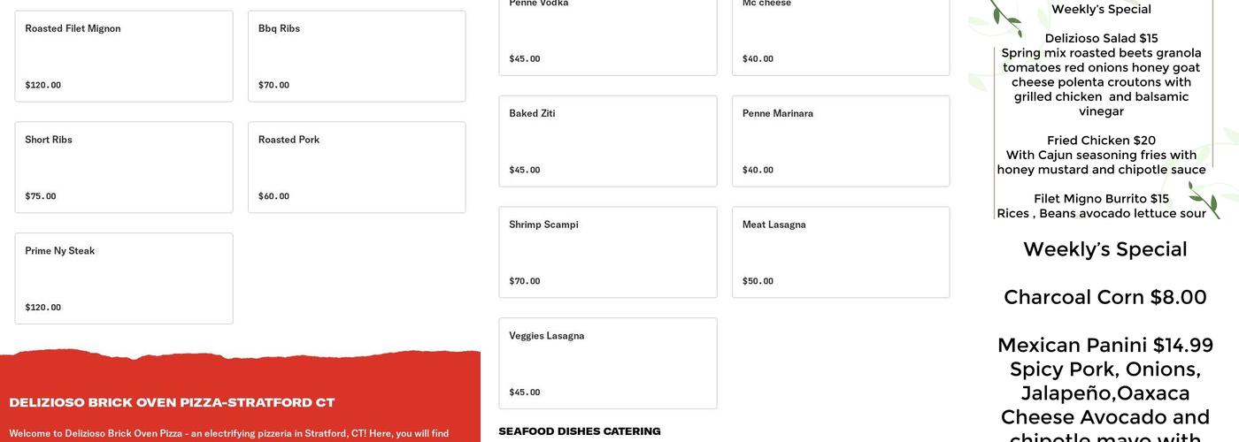 Delizioso Brick Oven Pizza Menu