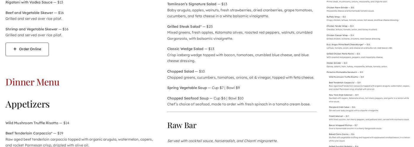 Tomlinson's Restaurant LLC Menu