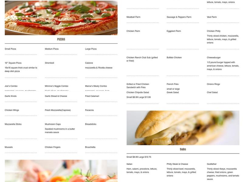 Joe & Mimma's Italian Pizza Menu
