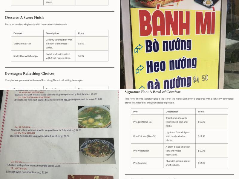 Pho Hong Thom Menu
