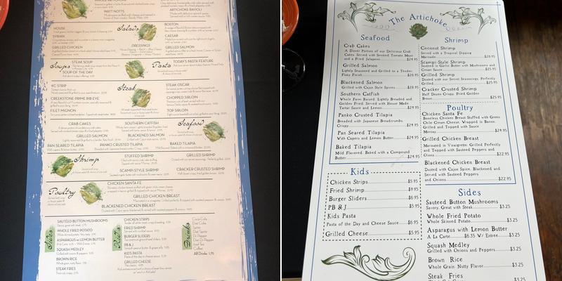 The Artichoke Restaurant Menu