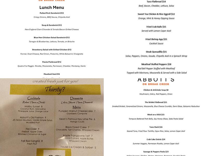 Abbott's on Broad Creek Menu