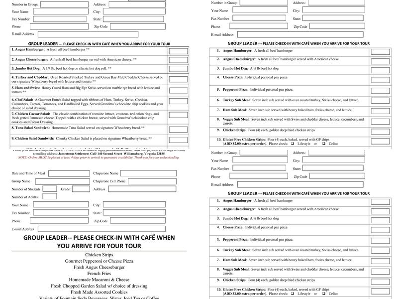Jamestown Settlement Cafe Menu