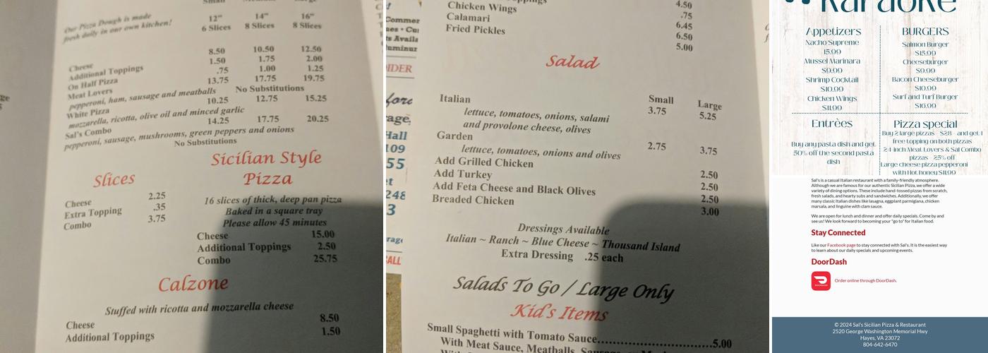 Sals Sicilian Pizza & Restaurant Menu